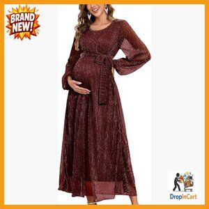 Sparkly Mesh Maxi Dress Maternity Formal Elegant Long Sleeves Flowy A-Line